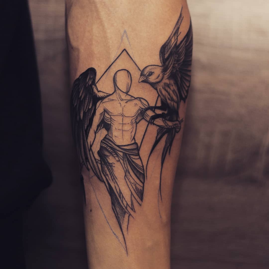 黑灰写实男人天使纹身图案