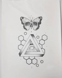 几何图形骷髅蝴蝶纹身手稿