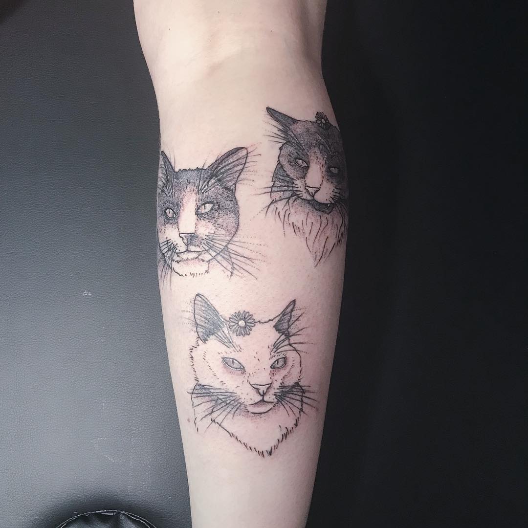 小腿黑灰猫咪狐狸纹身图案