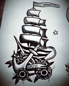 oldschool帆船船锚纹身手稿